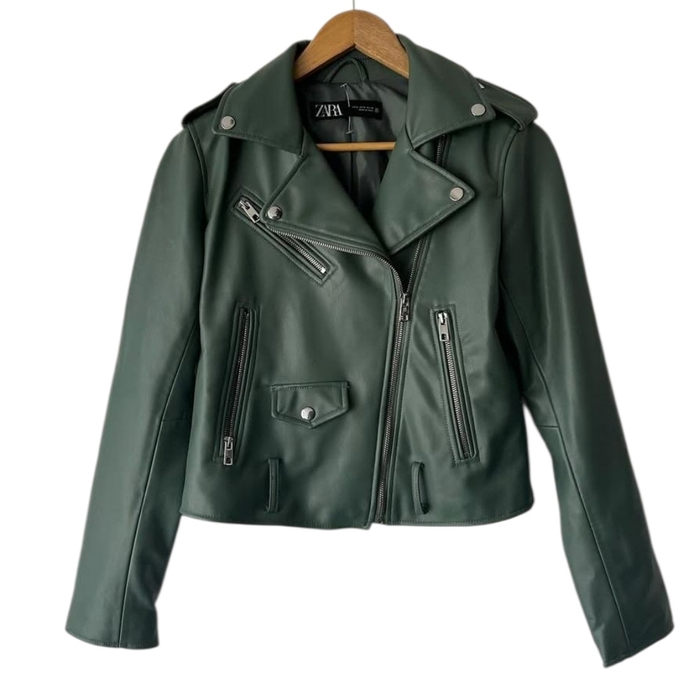 ZARA  Women's Olive Leather Biker Jacket, doesn't have a belt.